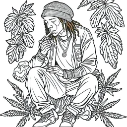 outline art for stoners coloring pages with A very simple and minimal design featuring A reggae-inspired scene with a Bob Marley-esque character playing music surrounded by smoke, white background, sketch style, fully body, only use outline, mandala style, clean line art, white background, no shadows and clear and well outlined