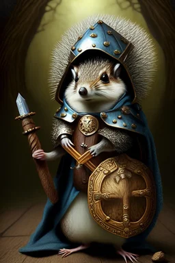 squirrel hedgehog mix being a cleric of death hood with hammer and shield