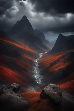 A stunning mountain landscape, mountain gorge, bright color palette, high detail, perfect by composition, gcinematic shot, intricate details, a cloudy stormy weather in the background