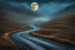 big full moon emerges from the fog over the road, the road twists and turns on the hills , psychedelic, gothic art, very detailed, cinematic, crepy stunning landscape