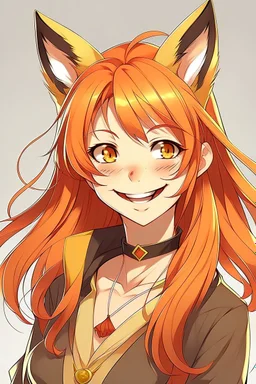 An anime adult female with red hair and gold eyes, fox ears, smiling