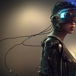 a movie screen on wall with wires to cyberpunk futuristic helmet and goggles on woman's head and face, 8k resolution, high-quality, fine-detail, intricate, digital art, detailed matte, volumetric lighting, baroque, illustration, octane render, brian froud, howard lyon, selina french, George Grie, Ben Goossens, Igor Morski