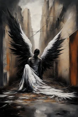 Abstract expressionism oil painting of an Urban alley grunge scene, fallen angel laying on ground in ripped robes, white stained wings, feathers misplaced, slight glowing, but broken halo. Dirty walls, graffiti in Latin, oil on the ground. Harsh shadows and goth undertones. areal view looking down , messy brush strokes, close up