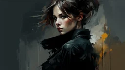 russian woman 26yo with short brown hair, wearing a black shirt with long sleeves and tactical pants :: dark mysterious esoteric atmosphere :: digital matt painting with rough paint strokes by Jeremy Mann Carne Griffiths Leonid Afremov, black canvas