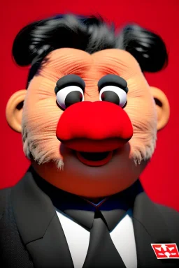 Waist up muppet Portrait, Kim Jong-un muppet doll, black suit, photo studio, red background, unreal engine 5, concept art, art station, god lights, ray tracing, RTX, lumen lighting, ultra detail, volumetric lighting, 3d.