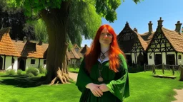 A red-haired, witchy woman standing in the centre of a village green, surrounded by thatched cottages, standing under a large tree. Bright, sunny day.