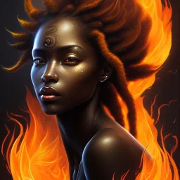 3D. Detailed Painting .realistic. Dark skin women. Beautiful. the faces of two young black women. Warm. Fire nymphs emerging from the flames.red.. Energy. Focus. THeir hair looks like smoke .smoke curling. Dreadlocs. Their skin is the colour of charcoal . Their hair moves like smoke. . their clothing is made of flames, red. Orange. Yellow. White and gold