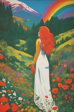 Colorful, Psychedelic 1970s-era poster illustration, style of Peter Max and Heinz Edelmann, birds-eye view of a mountain forest landscape, with wildflowers and poppies pansies on the ground, nuclear reactors and smokestacks pollute the air, (subject: far-away long shot) a woman hippie with long red hair and a "white dress" runs off into the distance, with inspiration from Greta Van Fleet posters, 60s/70s poster art, maximalist, detailed, Woodstock, mystical, astrological, cosmic, psychedelic