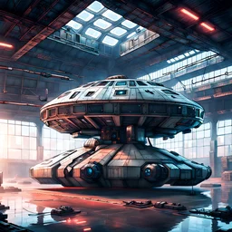 hangar containing hovercraft, cyberpunk style
