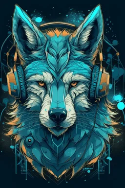 t-shirt design, wolf with headphones on his ears, digital art by Jan Tengnagel, shutterstock contest winner, furry art, artwork, angular, art