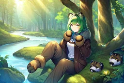 Girl, green hair, raccoon tail, raccoon paws in hand, raccoon paws in foot, forest, river, sit on tree, coat on neck, with tongue out,