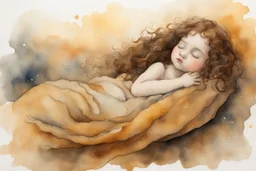 Small girl with long curly brown hair sleeping in god's hand (a big, clear hand) watercolor and ink, golden patina, glitters in ochre, backlit, mist and fog