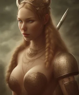 Viking style, 8K, a Highly detailed portrait of a submissive woman in a chain,