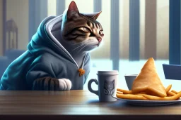 A cat with a hoodie is sitting on a table eating fish and chips