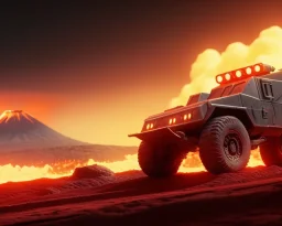 wide angle of Gi joe driving A lunar armored rover with tracks and claw and orange, troops, Erupting volcano in background, White headlights