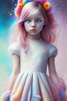 a little girl,brown eyes, pink hair, colorful, watercolor splash, white dress, rainbow flowers, in the style of Camilla d'Errico, hyper detailed, beautiful, complex, trending on artstation, cryengine, national geographic photo, chiaroscuro