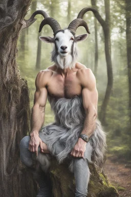 full body view, photography of a mythical satyr, a half man, half goat in the forest, eyes squinting, horns like a male goat, in the style of glitter pastels, grey goatee, ruddy weathered, hairy man face, lower body is a goat with goat legs and hooves, smiling, sitting on a tree stump