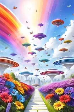 colors, very beautiful, flowers garden,rainbow, cité très futuriste ultra moderne, ufos rainbow, ufos fleet, intergalactic, birds, butterfly