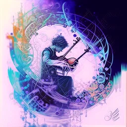 create a watercolour painting ,In this artwork, a musician addicted to a mystical substance is shown playing a magical instrument. Each note and melody produced sends ripples through the air, creating visual representations of the various fantasy worlds the musician is exploring in their mind. The music acts as a gateway to these other dimensions, and the addiction is symbolized by the musician's dependence on the substance to access their extraordinary musical abilities.