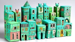 A mint colored electrical city with boombox buildings designed in Oaxacan alebrijes painted by Paul Klee
