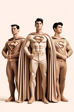 three men in different Balenciaga Superman's big emblem clothing, beige tones, fashion plates, outfits, modern designs, deconstructed tailoring, rendered in cinema4d –q 2 –ar 3:5