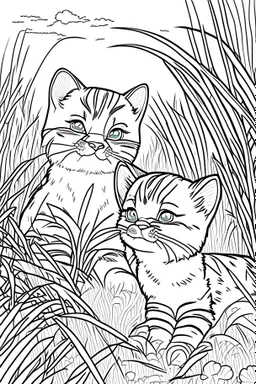 coloring page for kids, Cats in the grass, cartoon style, thick lines, low detail, no shading