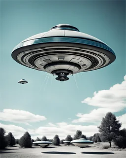 Design a retro futuristic, UFO hovering in a clear blue daytime, photorealism, surrealism, black and white photography, analog film, highly detailed