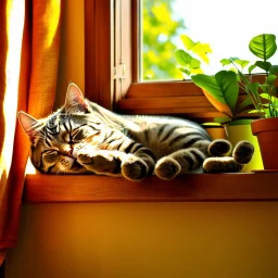 photorealistic, high-resolution image of a grey tabby cat sleeping on a sunny wooden windowsill next to various potted plants. The cat, with light brown and black stripes, lies on its back, paws up, basking in a ray of golden sunlight that illuminates its fur. The window in the background features an amber curtain on the left, and a wooden frame separates the panes. Outside the window, soft golden light suggests either sunrise or sunset, with blurred foliage visible. On the windowsill, several t