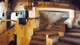 An old stone staircase leading up to an arched doorway in a medieval-style building, with a small window and other architectural details visible. The scene has a weathered, historic feel