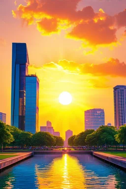 Amazing colorful sunset, buildings, lake, city, park, cyberpunk, sci-fi, photography