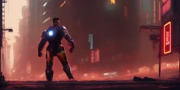 iron man right side, full boy, A professional night photo of a far-future cyberpunk city, shanghai, by Alena Aenami and blade runner and akira, trending on Artstation, smooth, sharp focus, higly detailed, crowded
