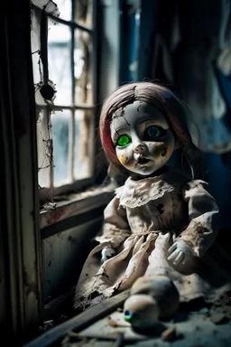 looking at the camera a high realistic porcelain puppet doll, old, dirty with old dress, sitting on shelf, in background blur cracked window. The figure has cracked face and head, and piercing big black eyes. High contrast, cinematic, thriller, dark, atmospheric. Surreal style , perfect composition, sharp focus, intricate details, crepy stunning horror vibe