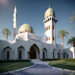 Islamic mosque, hdr, uhd, 8k, dof, center camera, perspective view, pivot on triumph, by paul meijering