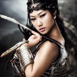 beautiful young asian queen with black leather studded armor, delicate black braided hair with ponytail, glass eyes, highly detailed, 8k, ambient light, taylor swift