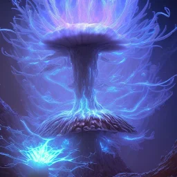 Spherical Frost metal magic armoured lightning Mycelium giant blob MUSHROOM flower erupting with BLUE FLAMES hellfire abyss stars SPACE lANDSCAPE