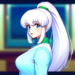 Clear focus, 8k, Elf, 80s style, White hair, ponytail, hair in between the eyes, up close,