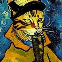 oil portrait of a cat with hat smoking a pipe by Van Gogh