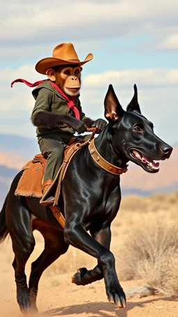 A monkey with cowboy hat riding on a Great Dane black dog running in the desert