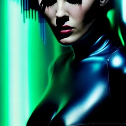 portrait oil on canvas, beautiful punk busty female Cyborg, looking to viewer, sad green eyes, post-apocalyptic in a cyberpunk city,minimal skintight suit, blade runner, comic book cover, mystical colors, neon, insanely detailed,realistic,intrincate detail, 16k resolution, masterpiece, Adam hughes