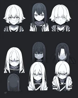 emotionless, numb, heartbroken, black and white, anime girl sitting with full black background