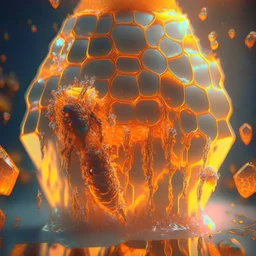 crystal bee hive covered with glowing orange slime, photorealistic, unreal engine 5, masterpiece, trending on artstation, sharp focus