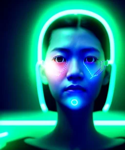 Ultra realistic photographic night portrait, cinematic, <Asian woman> many wires coming out of the head <perfect pupil><glow eye> <cyborg arm> <garage> <wide angle><x-rays>, hot, <retro futuristic> <Helmut newton photo style>, neon lights, color fog, soft color, highly detailed, unreal engine 5, ray tracing, RTX, lumen lighting, ultra detail, volumetric lighting, high definition.