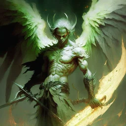 angelhombre caido de color verde palido con una espada en llamas