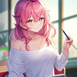 Clear focus, High resolution, a anime adult, cute, cartoony style, smiling, hair between eyes, holding a pencil, small forhead, female, medium length hair, long locks, lots of bangs, teacher, wearing a off shoulder shirt, no spaghetti straps, peach hair colour