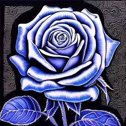 A detailed high quality surreal painting of a delicate, shimmering single blue animorphic rose that had a small pretty face in its petals, pouting, background is a blurred black and white hypnotic pattern, very mod, 1960s inspired art, psychedelic, highly detailed conceptual art, mixed media collage, dark fantastical atmosphere, fine lines, dali-esc, beautiful and natural, strange art, optical illusion