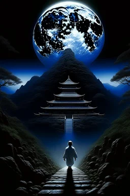 THE MOON HIDDEN SHADOWY FIGURESat the temple on the mountain meeting big brother STYLE OF HIROKU OGAI