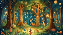 antasy cartoon style illustration: Once upon a time, in the heart of the Enchanted Forest, there was a magical event that all the woodland creatures looked forward to—the Forest Carnival. The trees were adorned with twinkling fairy lights, and the air was filled with laughter and excitement.