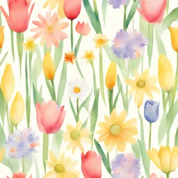 Playful mix of watercolor flowers including daisies, tulips, and daffodils printable paper