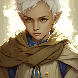 DnD Fantasy, A Child Wizard, Wearing Blue Wizard Robes, Olive Skin Tone, Golden Eyes, White Hair, Realistic.