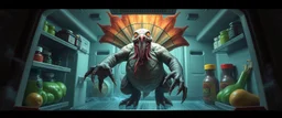 final boss pork turkey sloth demon in the fridge space craft in the style of fantasy art